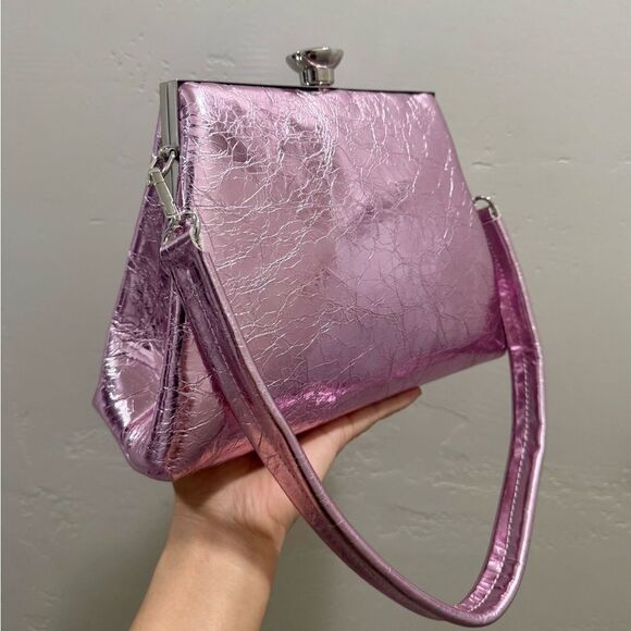 Metallic Pink Genuine Leather Handmade Push Lock Box Bag, Multi Use Style - Picture 8 of 15